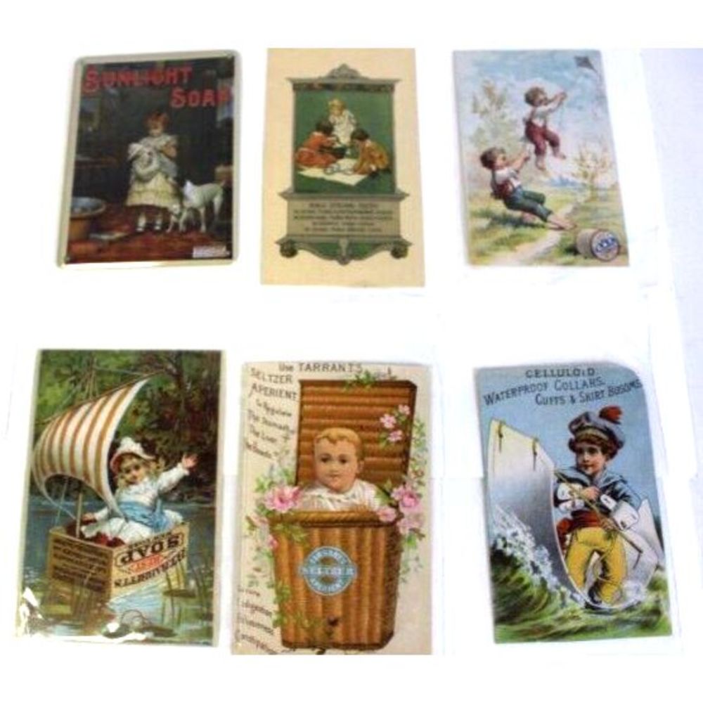 Lot of 6 Antique Victorian Advertising Cards Trading cards and 1 Vtg Tin magnet